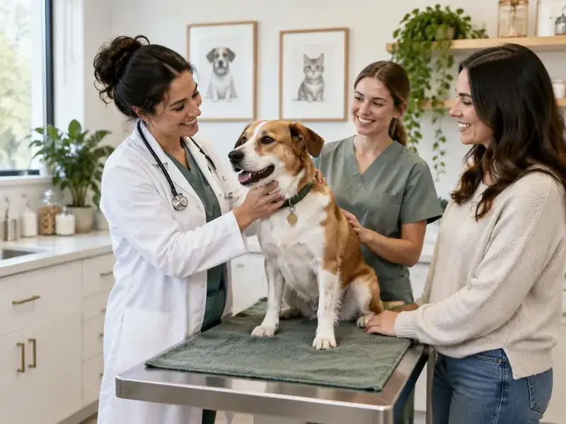 Veterinarian and technician caring for a dog with its owner in a modern clinic