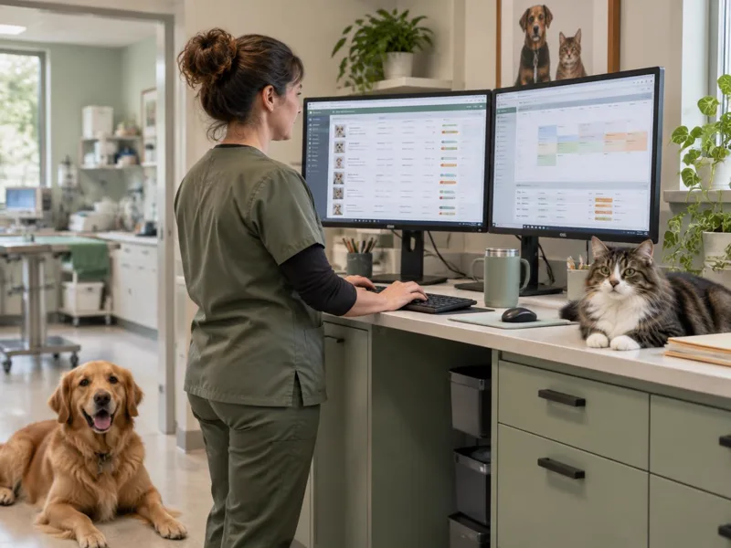 A veterinary practice manager working in QuillsFlow at a clinic operations workstation, with a patient dog and cat nearby